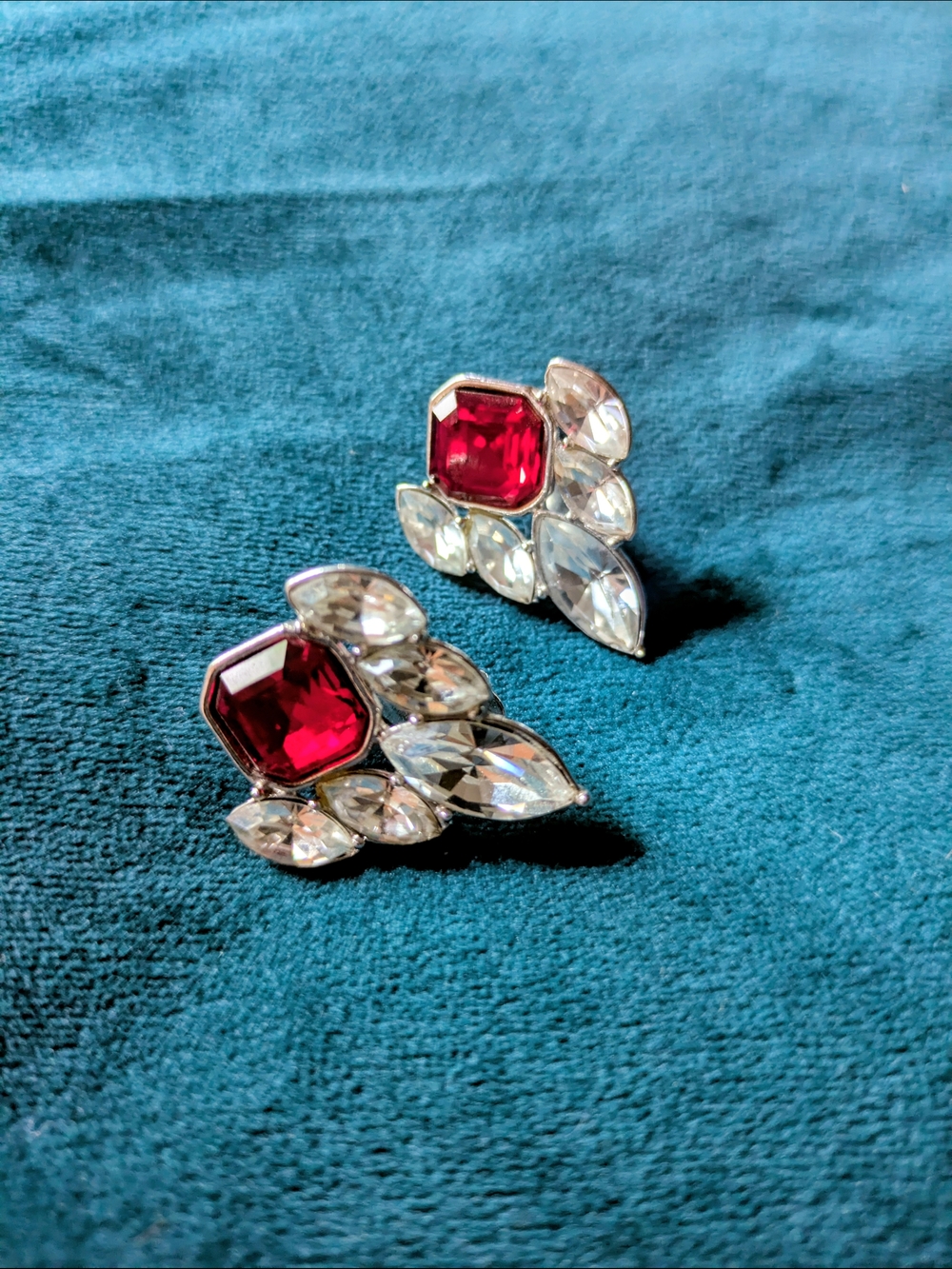 YSL 80s 90s Red Crystal Leaf Cluster Stud Clip On Earrings